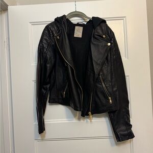 Free People Black Leather Jacket with Hood